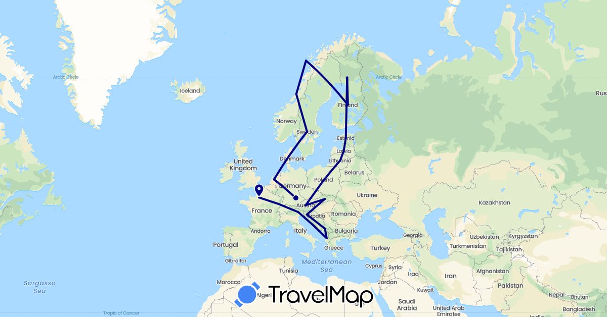 TravelMap itinerary: driving in Albania, Austria, Germany, Estonia, Finland, France, Italy, Lithuania, Latvia, Montenegro, Netherlands, Norway, Sweden, Slovenia, Slovakia (Europe)